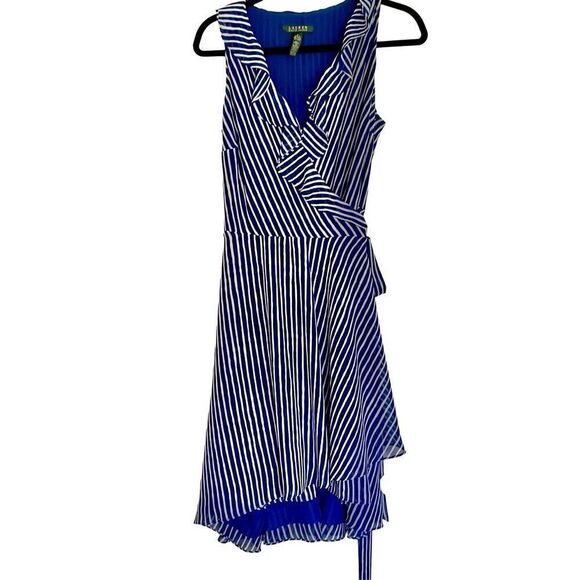 Lauren Ralph Lauren blue striped ruffled wrap dress size 6 - Picture 1 of 10